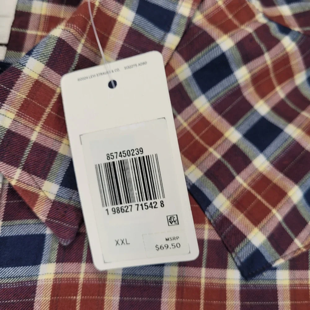 Levis Mens XXL Western Plaid‎ Long Sleeve Snap Button Shirt Red Blue New